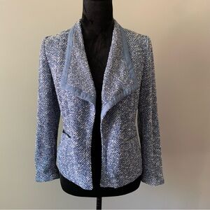 Talbots Petite Cotton Tweed Blue White Open Front Waterfall Blazer Size Small